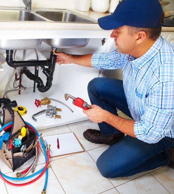 Plumber working on pipes under sink