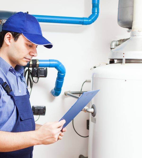 Worker installing water heater