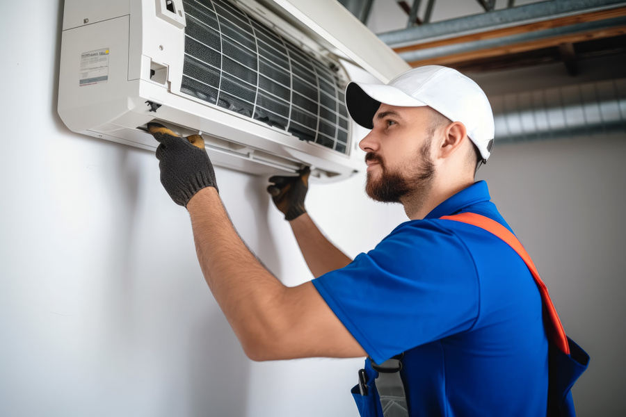 Technician working on air conditioning indoor unit. Man HVAC worker professional occupation.