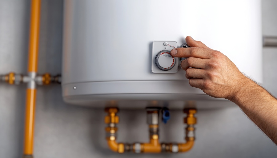 A technician adjusting the temperature on a modern water heater, showcasing technical skills and home maintenance