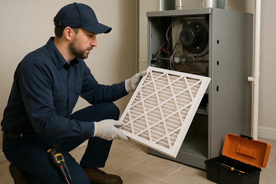 A technician replaces an air filter in a furnace during routine maintenance