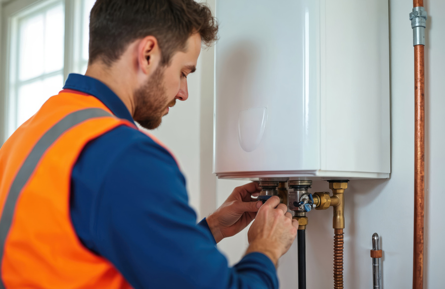 Plumber installs water heater at new home. Caucasian worker in workwear repairs, fixes boiler pipes with wrench tool. Handyman repairs plumbing system. Technician adjusts equipment, maintains service.