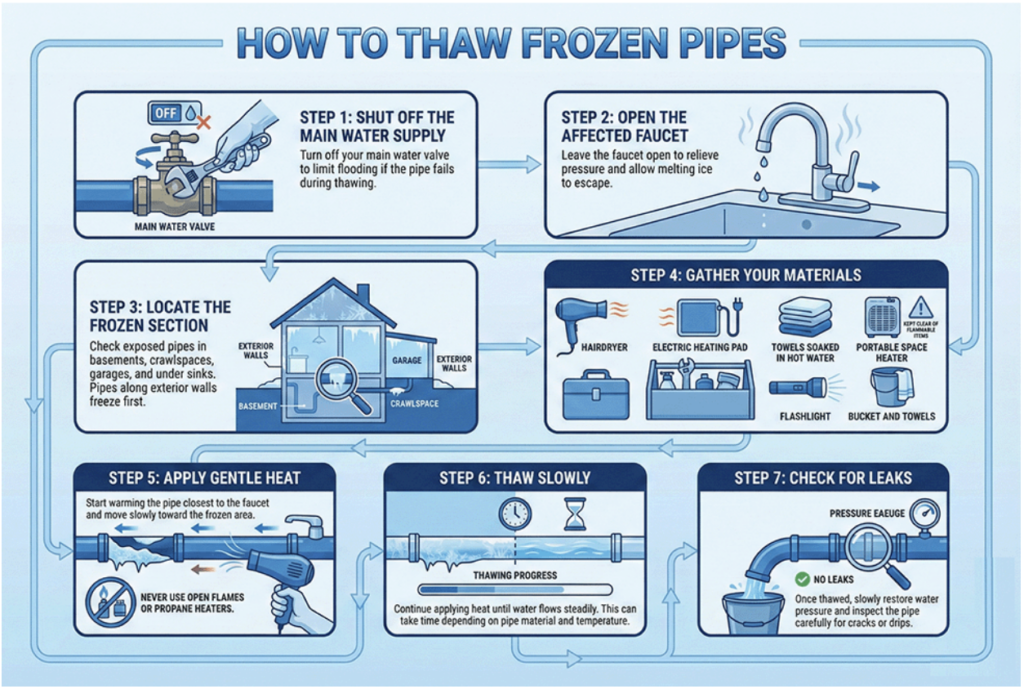 An infographic illustration showing how to thaw frozen pipes.