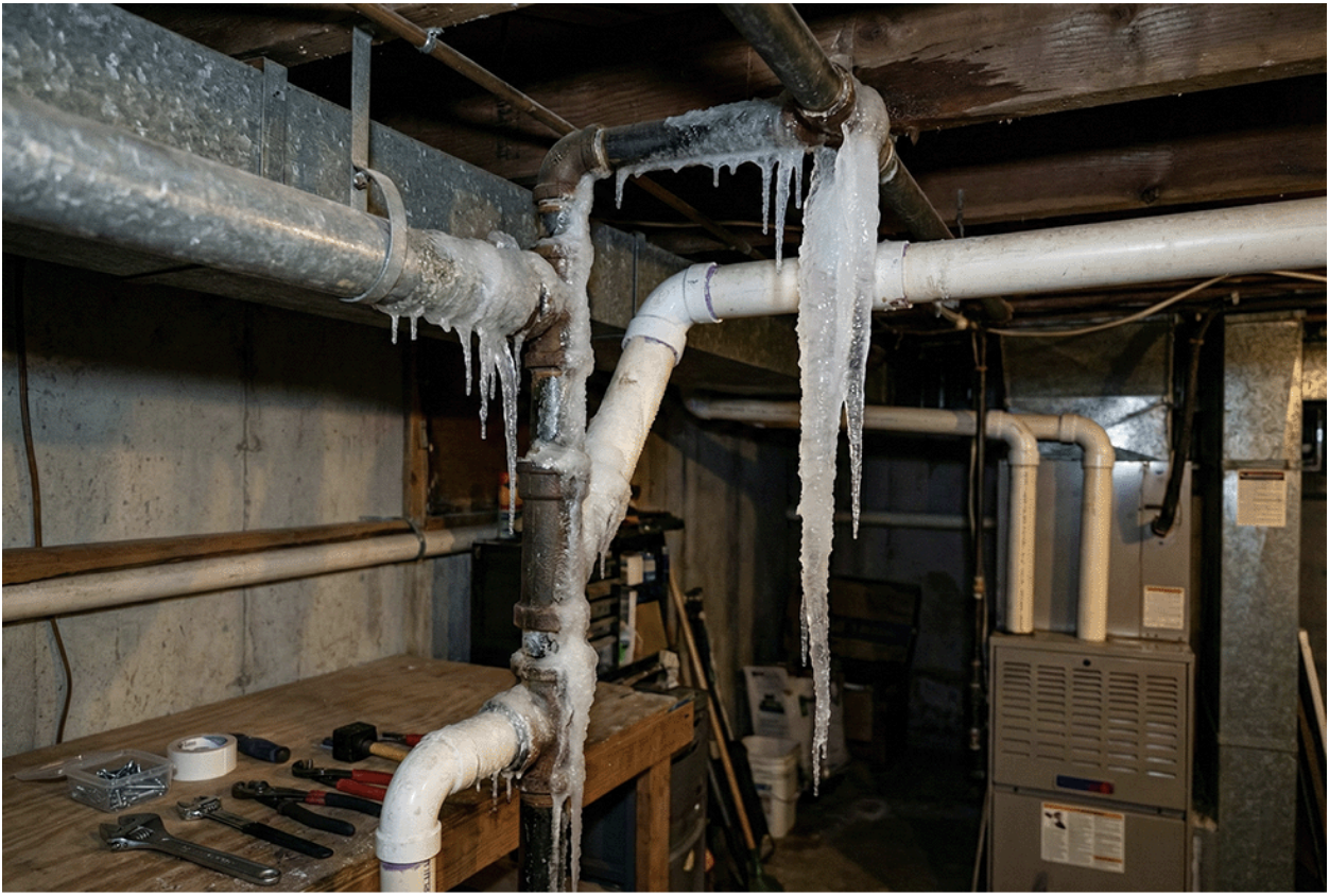 Frozen pipes in the basement of a Virginia home.