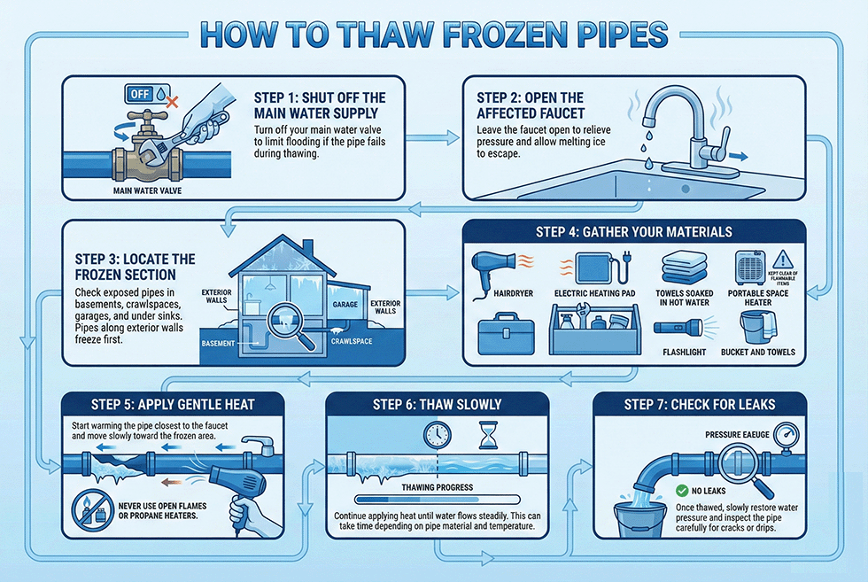 An infographic illustration showing how to thaw frozen pipes.