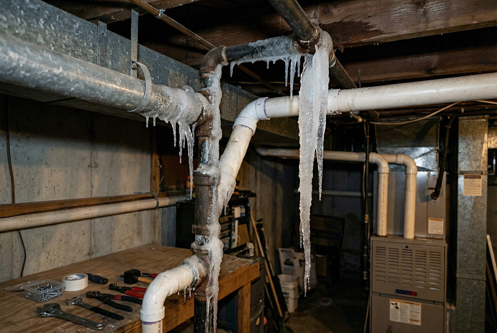 Frozen pipes in the basement of a Virginia home.