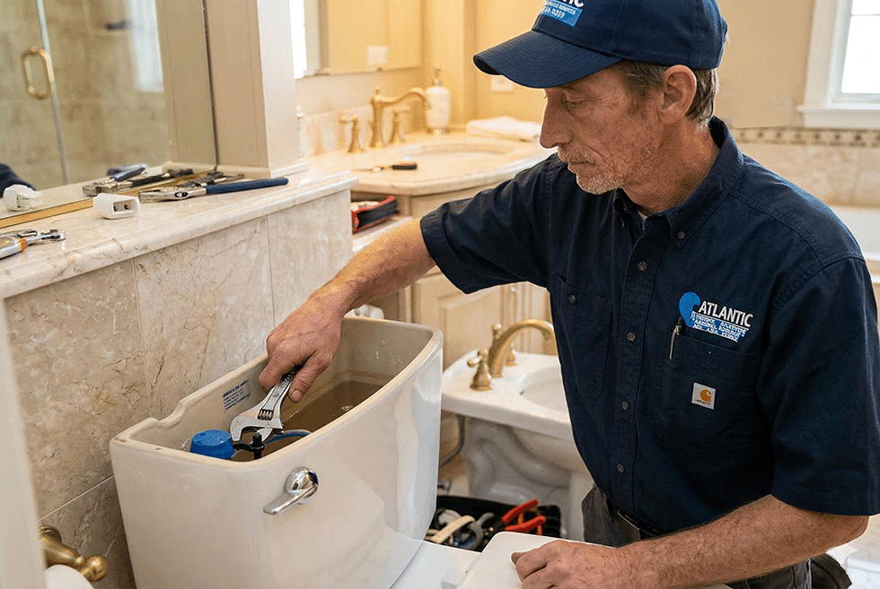 A Hampton plumber from Atlantic PHAC is repairing a toilet in a Hampton, Vitginia home.