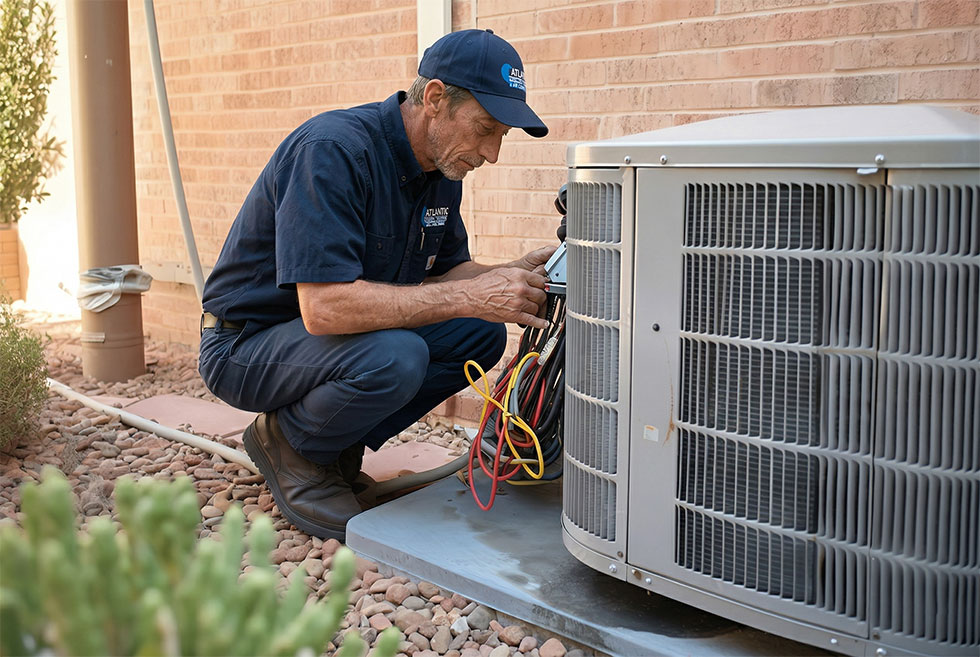 a service tech from Atlantic PHAC is performing maintenance on a home's HVAC system.