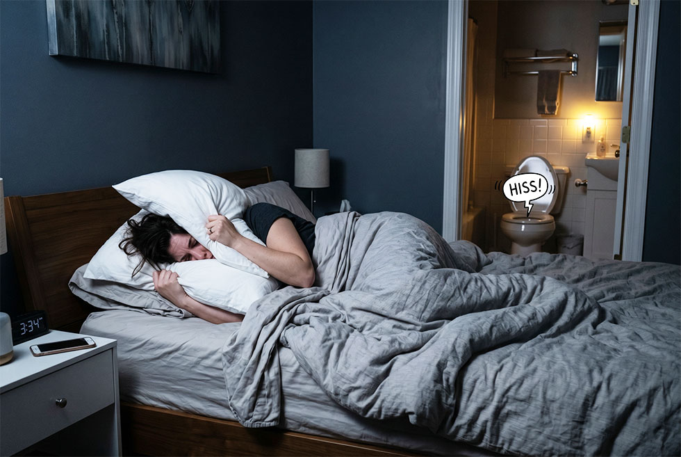 A fustrated woman with pillows over her ears as she tries to sleep with the sound of a running toilet in the background.