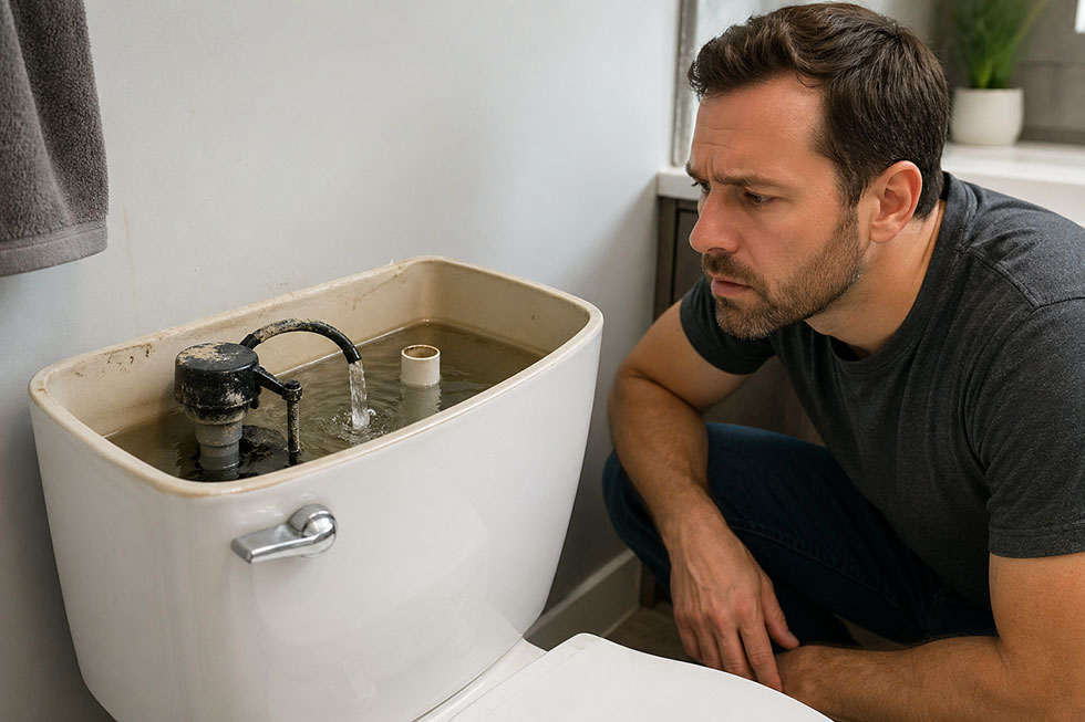 A man is looking at the fill valve on his toilet to see if it is causing the toilet to continuosly run.